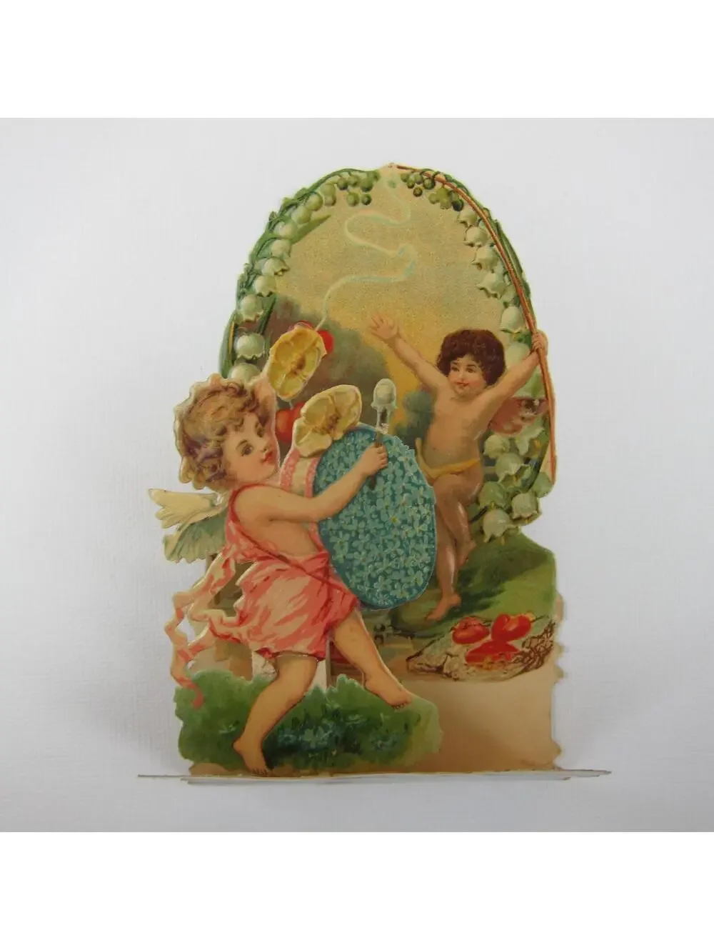 Vintage Valentine 3D Pop Up Die Cut Angel Boys Dance Drum Music Blue Flowers